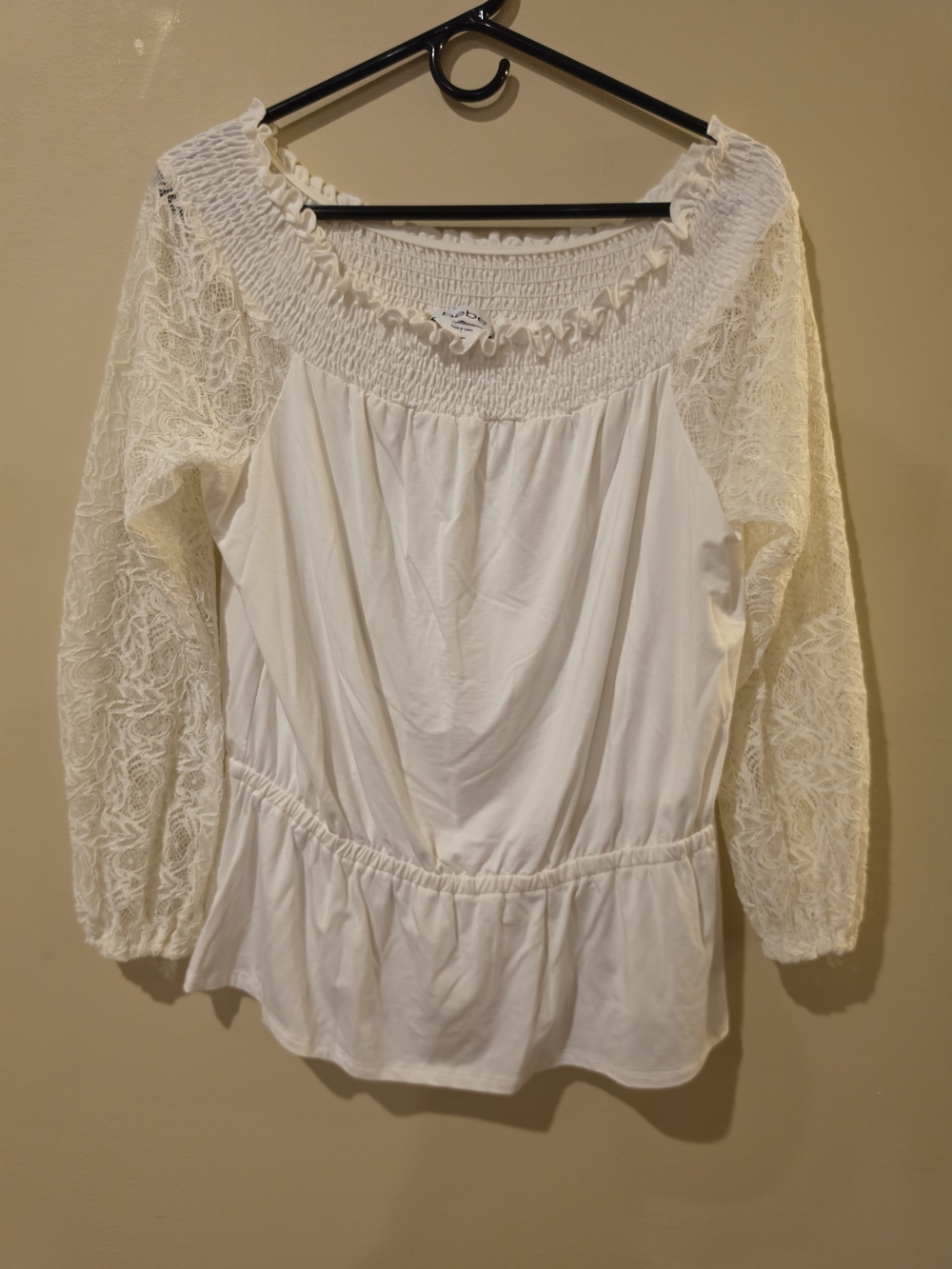 bebe Cream Lace-Sleeve Smocked Peasant Blouse